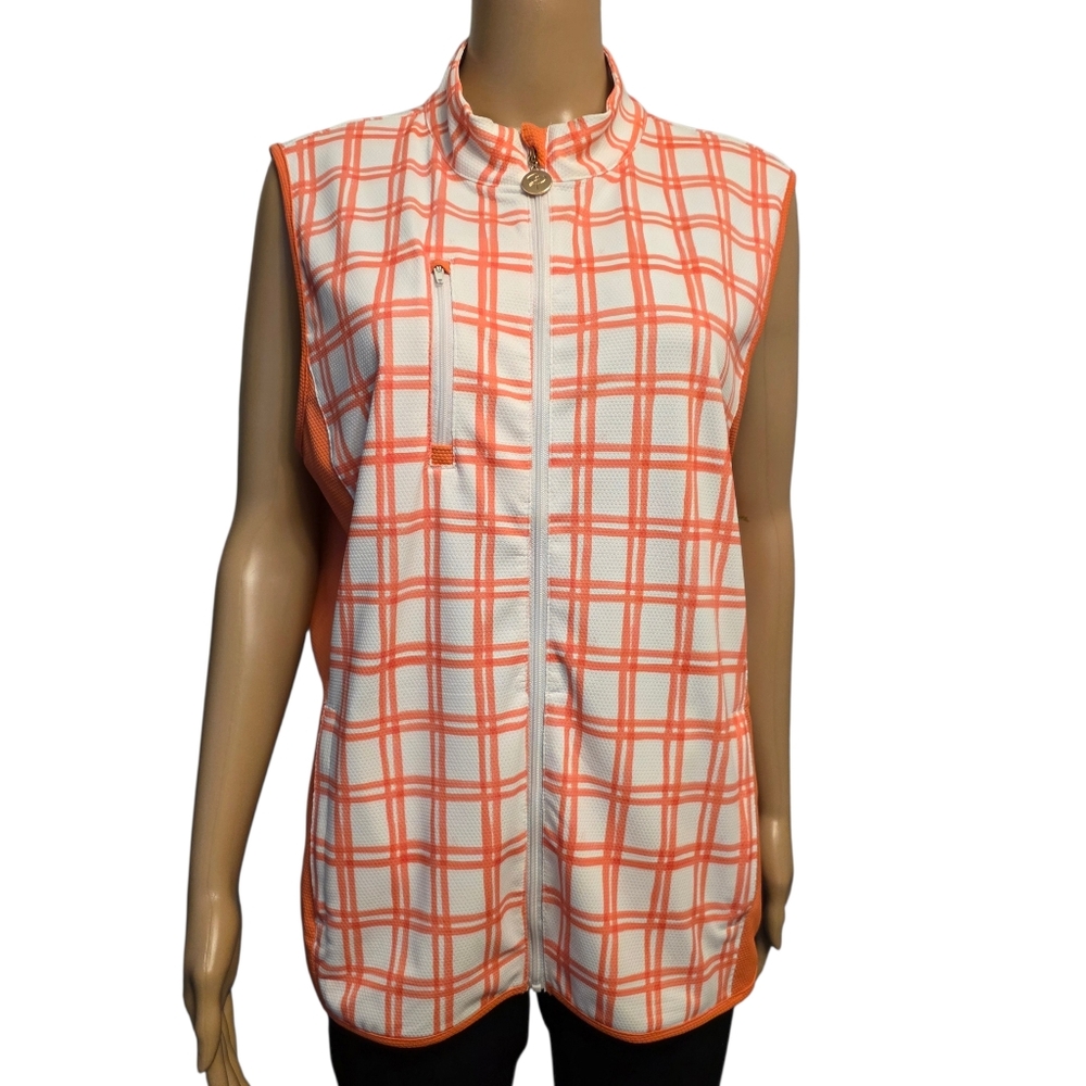 Stella Parker Sport Window Pane Plaid Sleeveless Women's Zip Up Top Size L